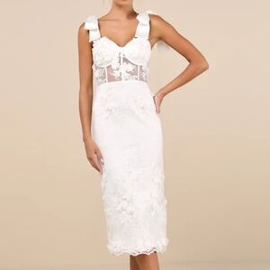 Lulu's White Lace Midi Dress with Bow Straps